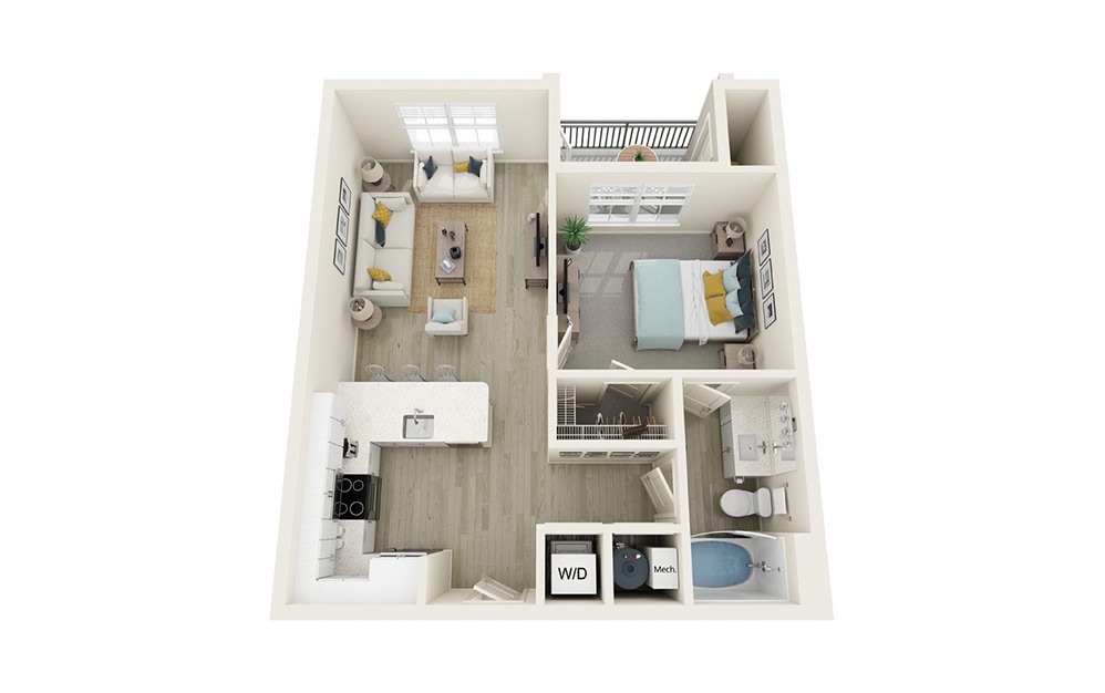 A1 - 1 bedroom floorplan layout with 1 bath and 651 square feet.