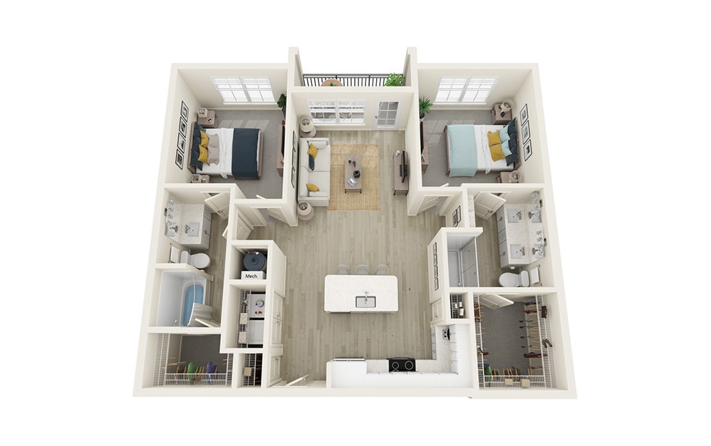 B1 - 2 bedroom floorplan layout with 2 baths and 1040 to 1085 square feet.