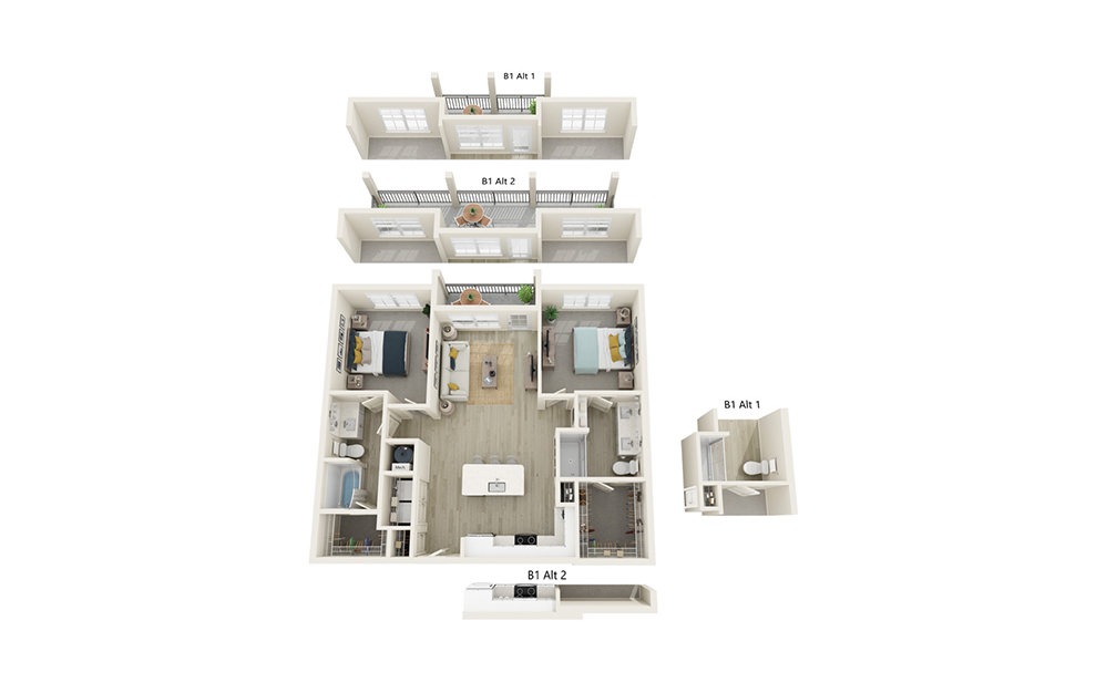 B1-1 - 2 bedroom floorplan layout with 2 baths and 1048 to 1085 square feet.