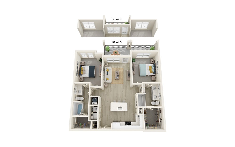 B1-5 - 2 bedroom floorplan layout with 2 baths and 1085 to 1101 square feet.