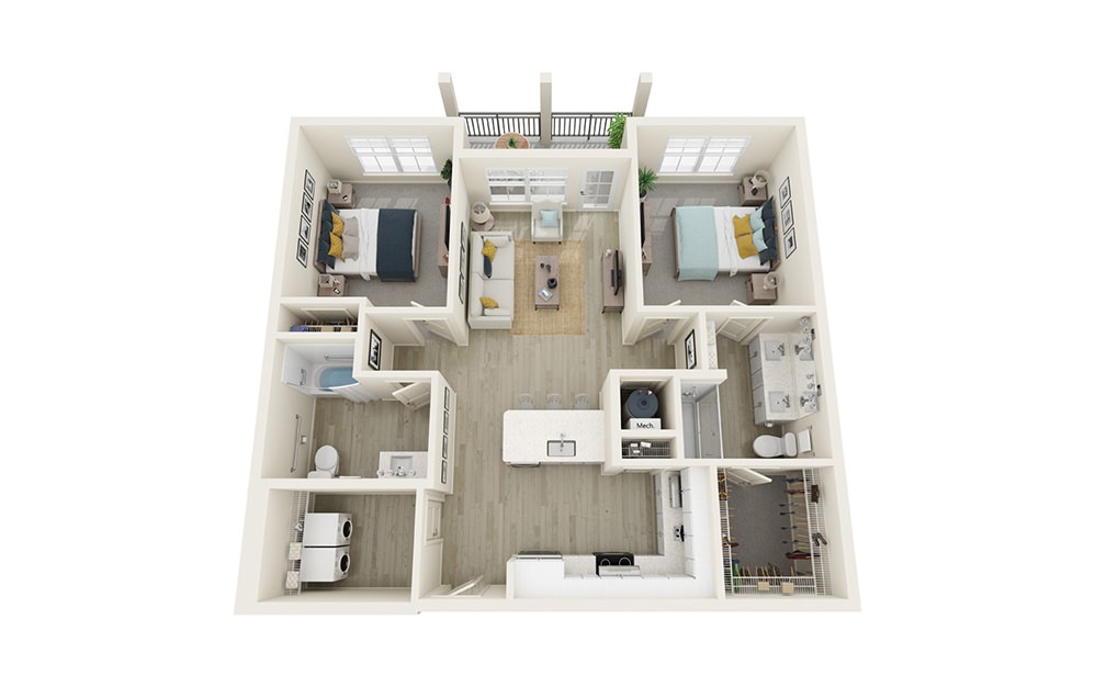 B1M - 2 bedroom floorplan layout with 2 baths and 1102 square feet.