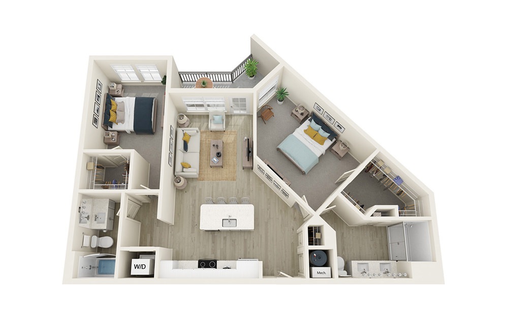 B2 - 2 bedroom floorplan layout with 2 baths and 1088 to 1100 square feet.