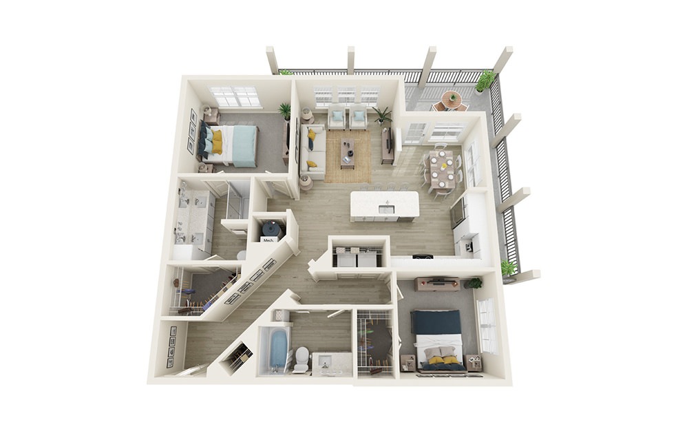 B3 - 2 bedroom floorplan layout with 2 baths and 1241 square feet.