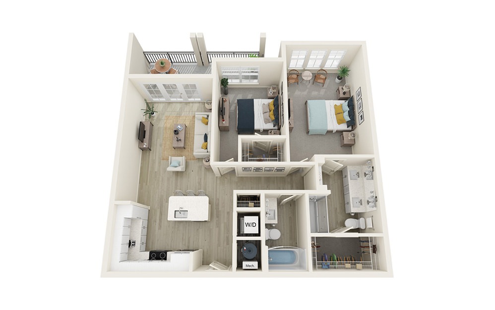 B7 - 2 bedroom floorplan layout with 2 baths and 1064 square feet.