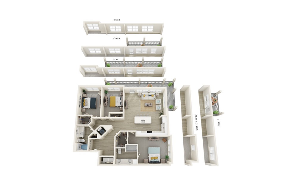 C1-1 - 3 bedroom floorplan layout with 2 baths and 1500 square feet.