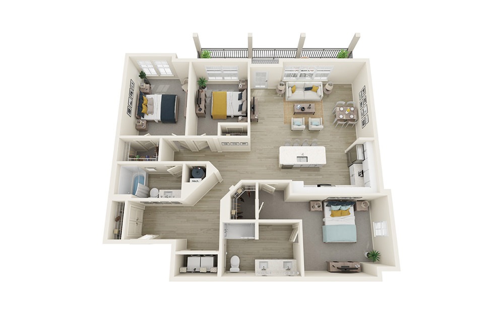 C1M - 3 bedroom floorplan layout with 2 baths and 1500 square feet.
