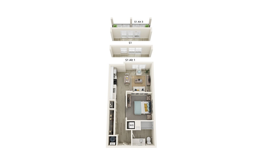 S1 - Studio floorplan layout with 1 bath and 576 square feet.